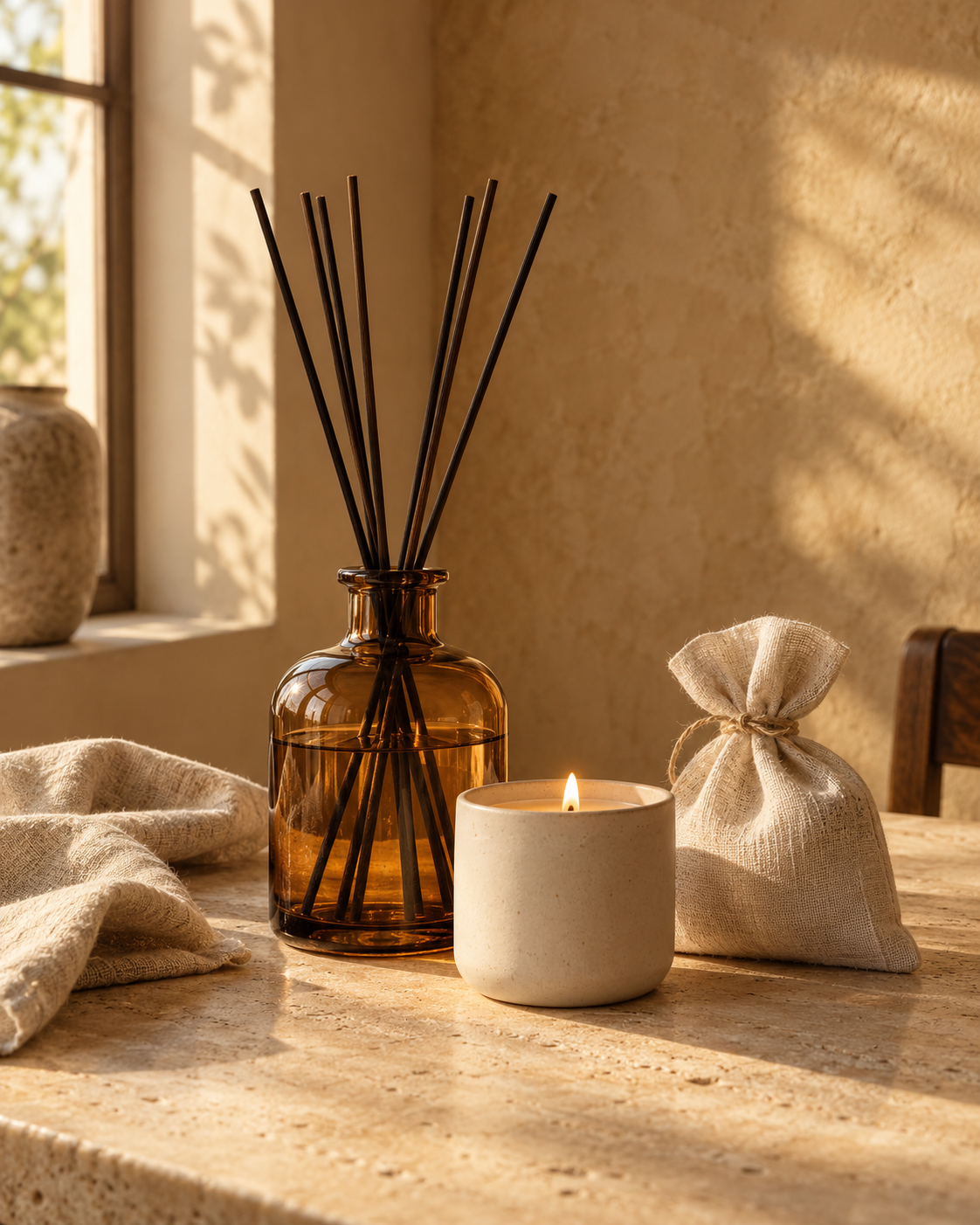 Sfeerbeeld van een amberkleurige geurdiffuser, een brandende kaars en een linnen geursachet in warm zonlicht.